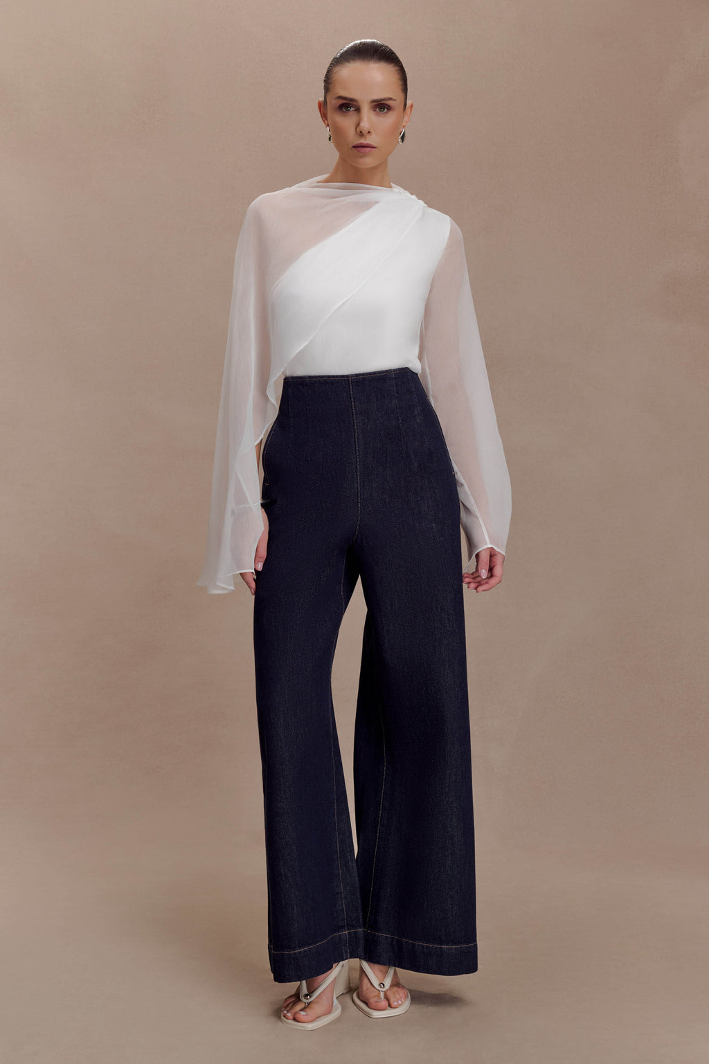 Sheer Asymmetrical Long Sleeve Cape - White