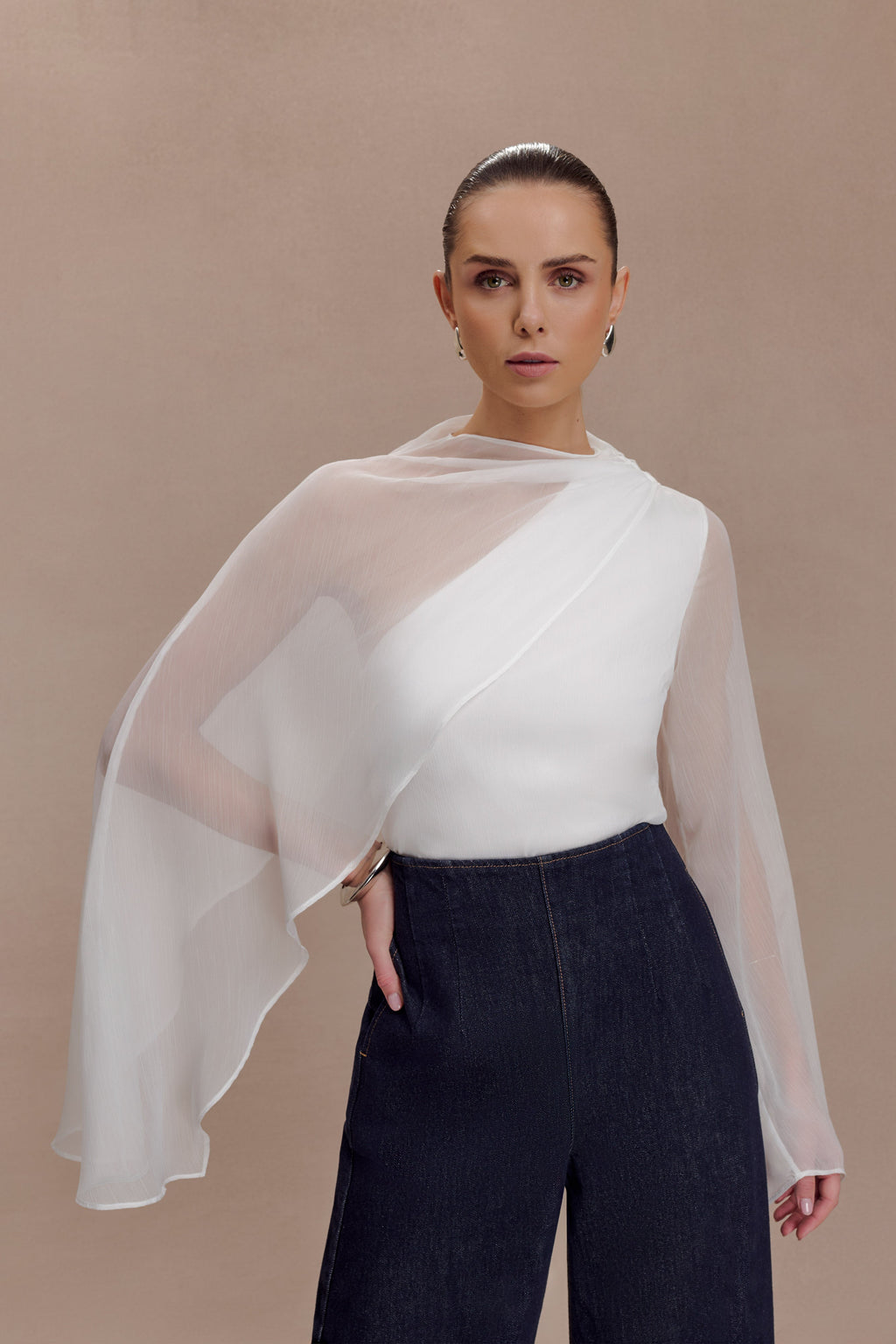 Sheer Asymmetrical Long Sleeve Cape - White