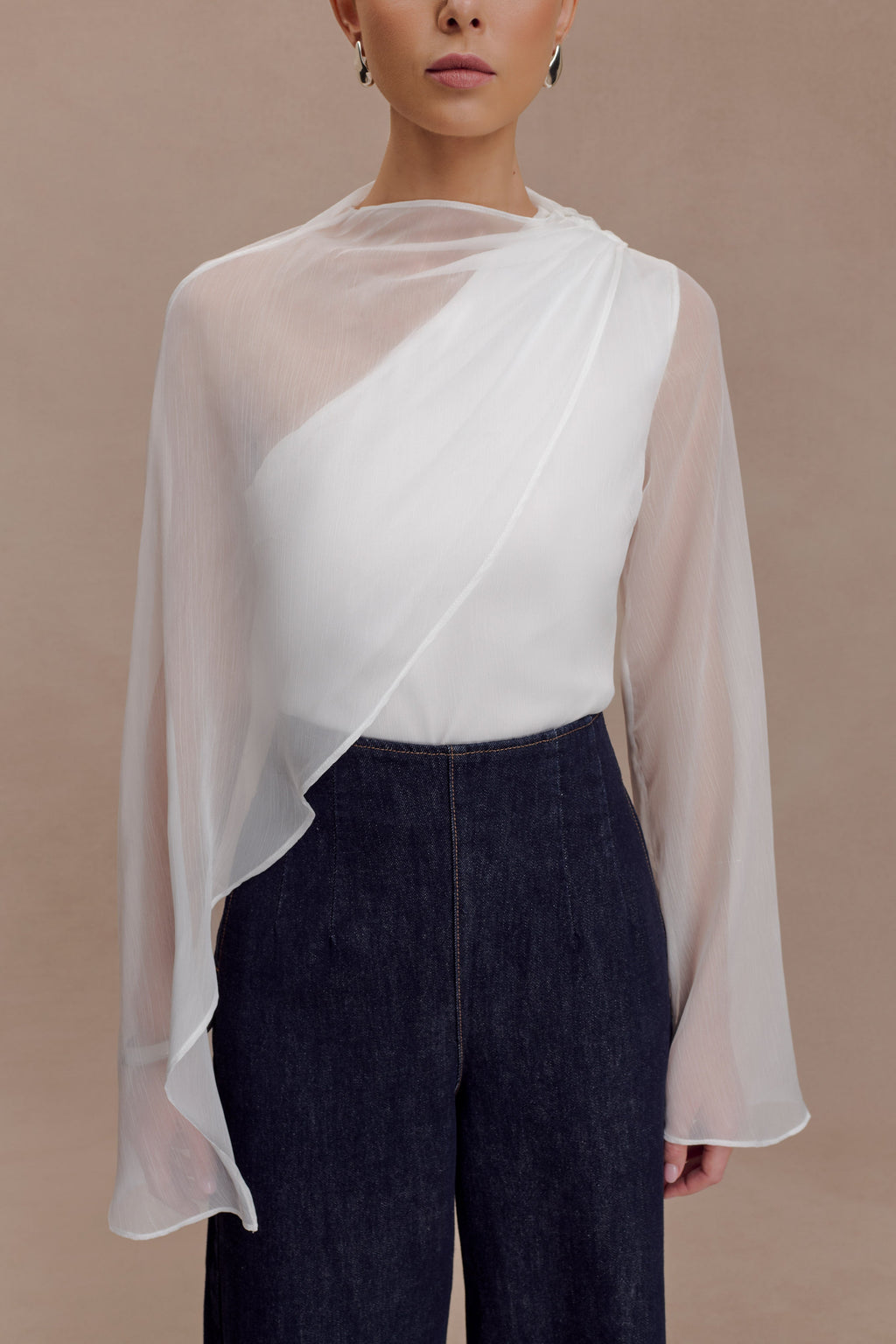 Sheer Asymmetrical Long Sleeve Cape - White