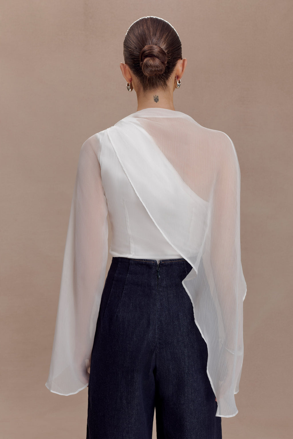 Sheer Asymmetrical Long Sleeve Cape - White