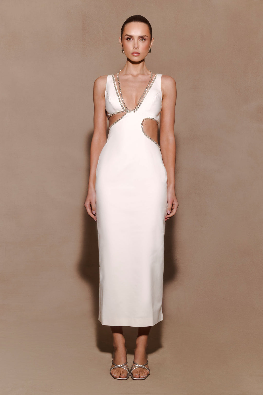 Diamante Trim Cut Out Midi Dress - White
