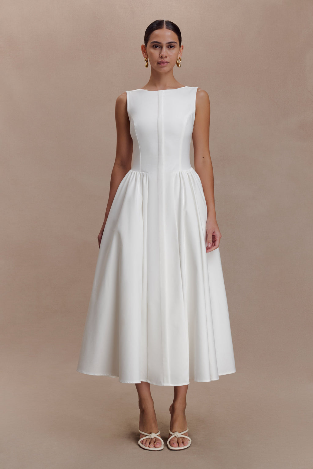 Gathered Waist Cotton Midi Dress - White