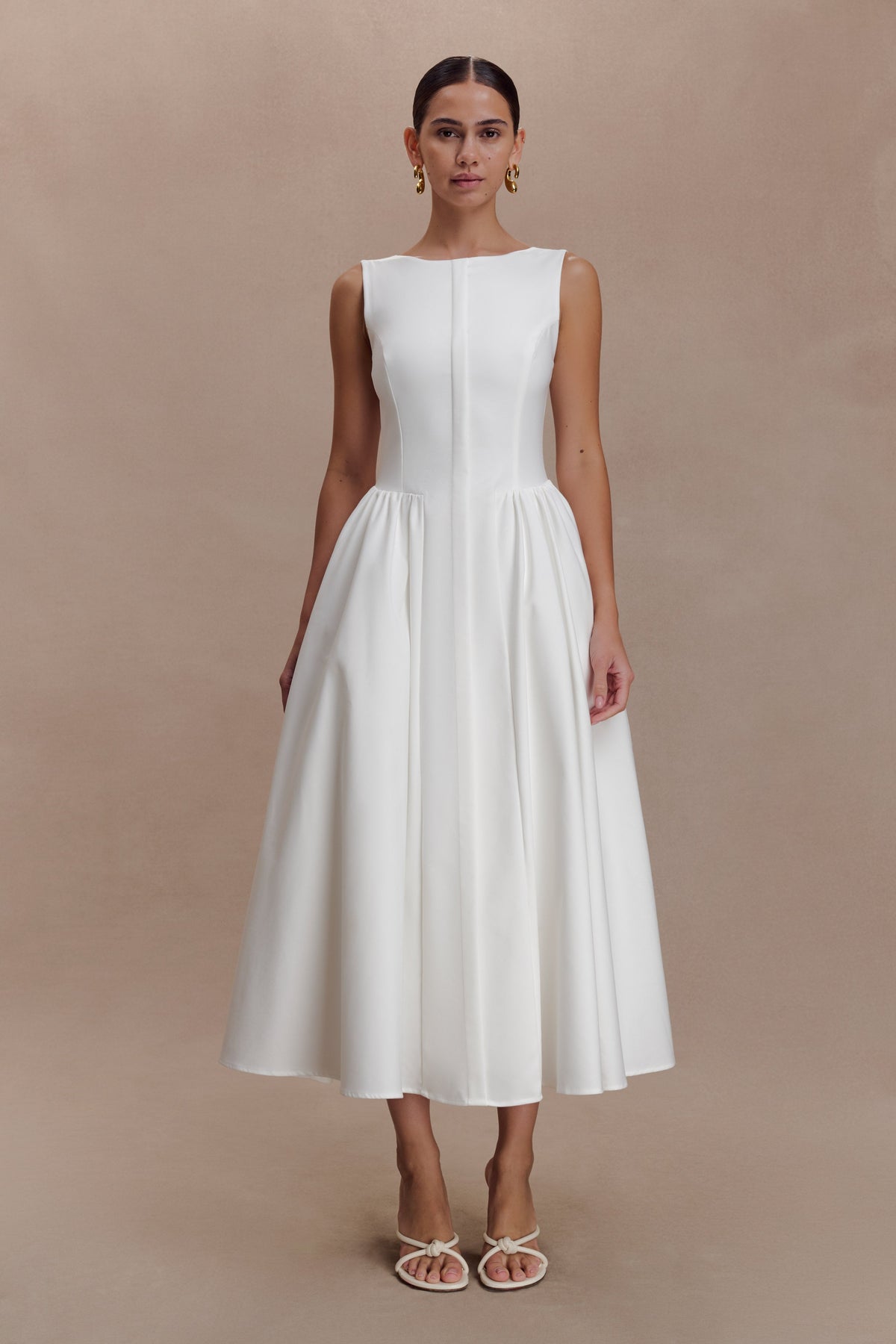 Gathered Waist Cotton Midi Dress - White