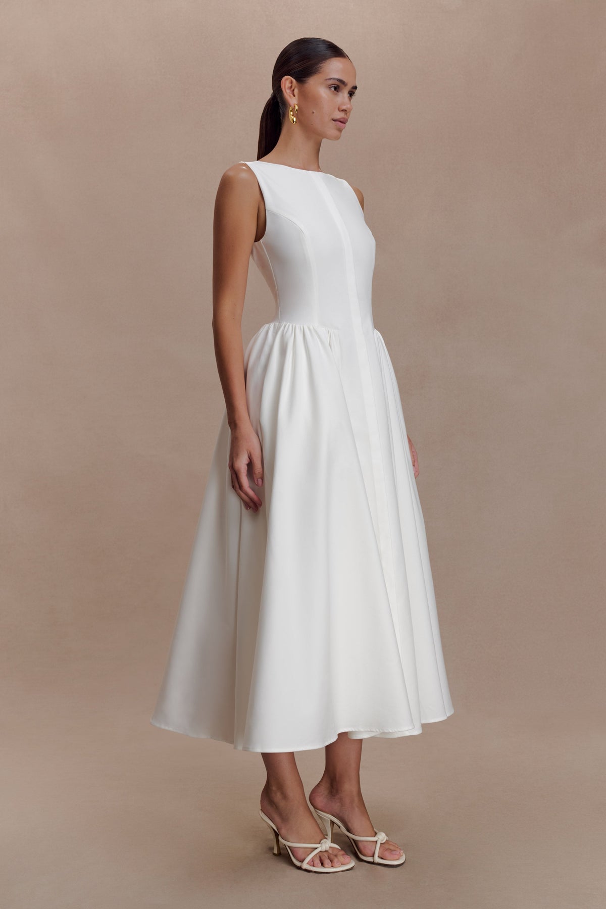 Gathered Waist Cotton Midi Dress - White