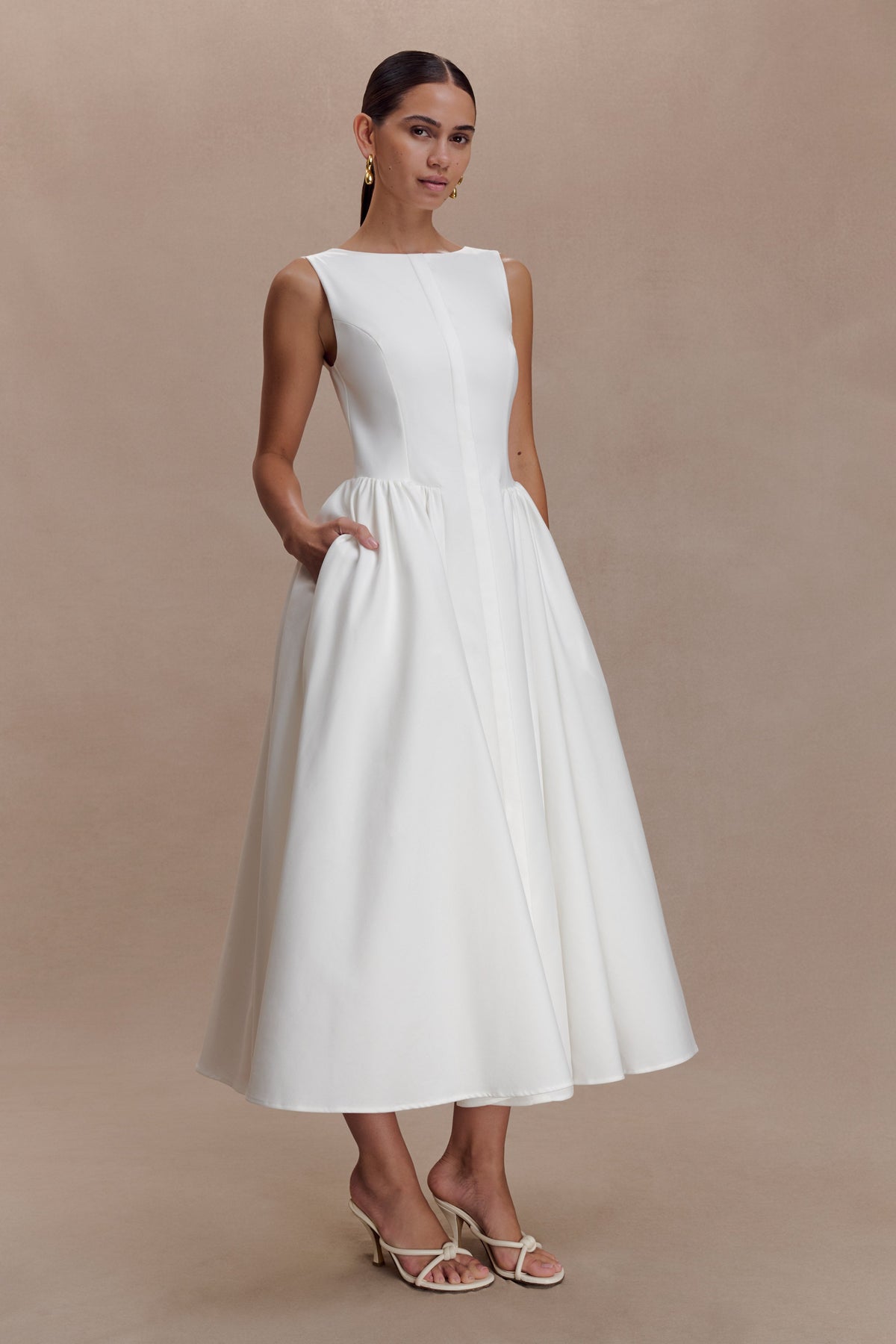 Gathered Waist Cotton Midi Dress - White