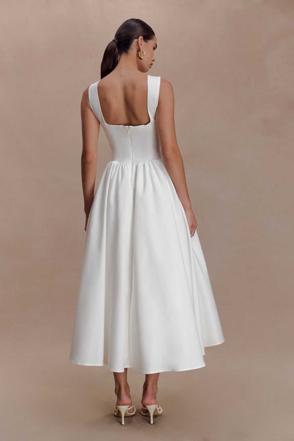 Gathered Waist Cotton Midi Dress - White