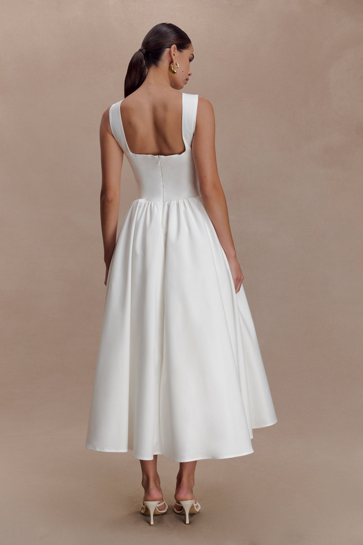 Gathered Waist Cotton Midi Dress - White