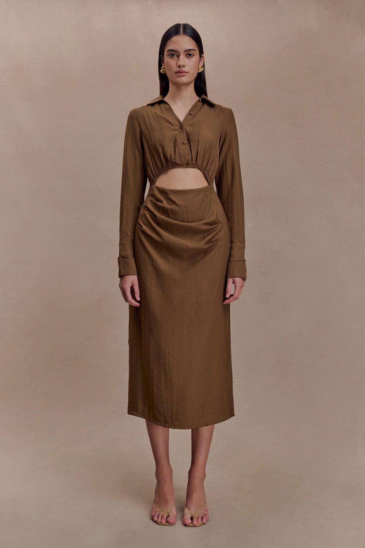 Cut Out Shirt Midi Dress - Dark Chocolate