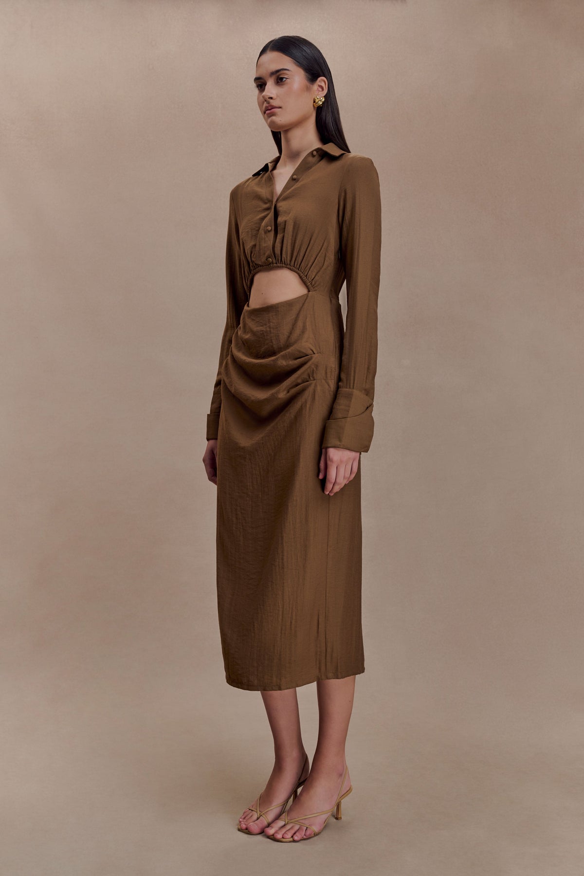 Cut Out Shirt Midi Dress - Dark Chocolate