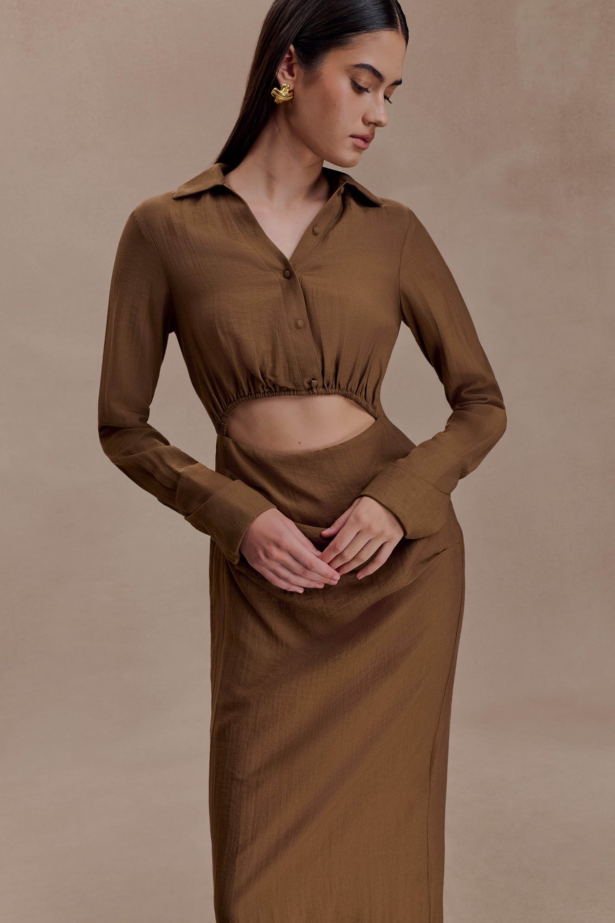 Cut Out Shirt Midi Dress - Dark Chocolate