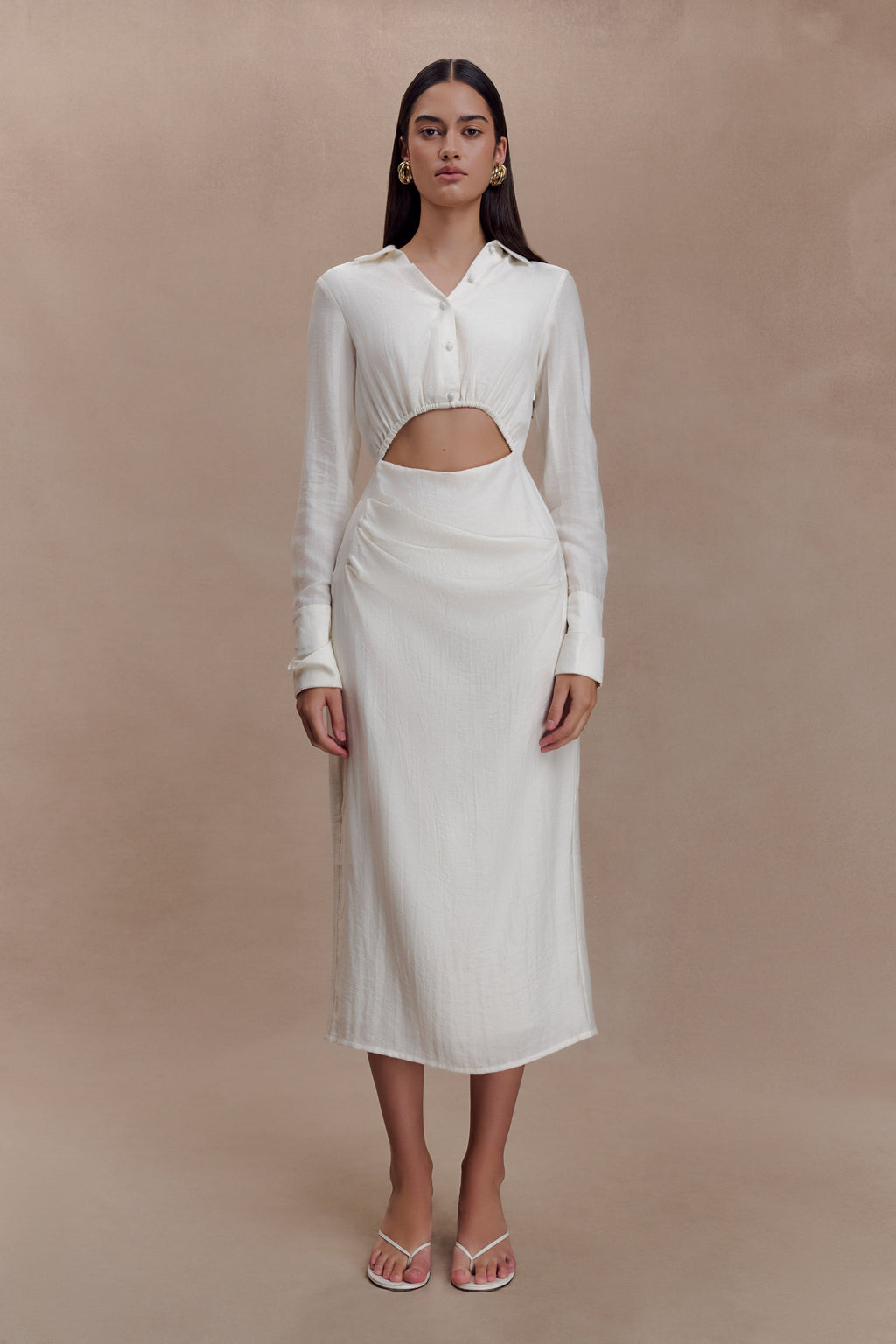 Cut Out Shirt Midi Dress - White