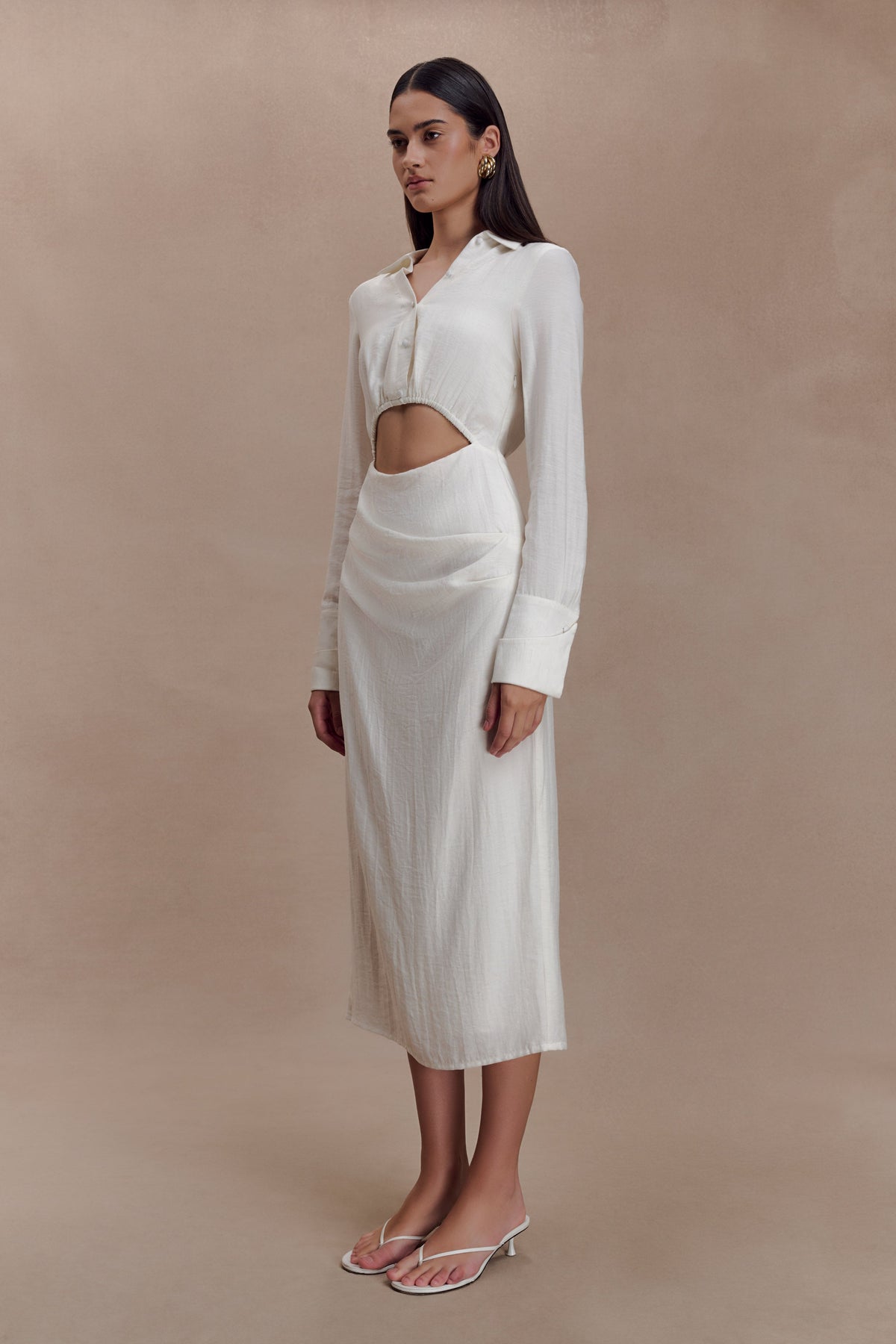 Cut Out Shirt Midi Dress - White