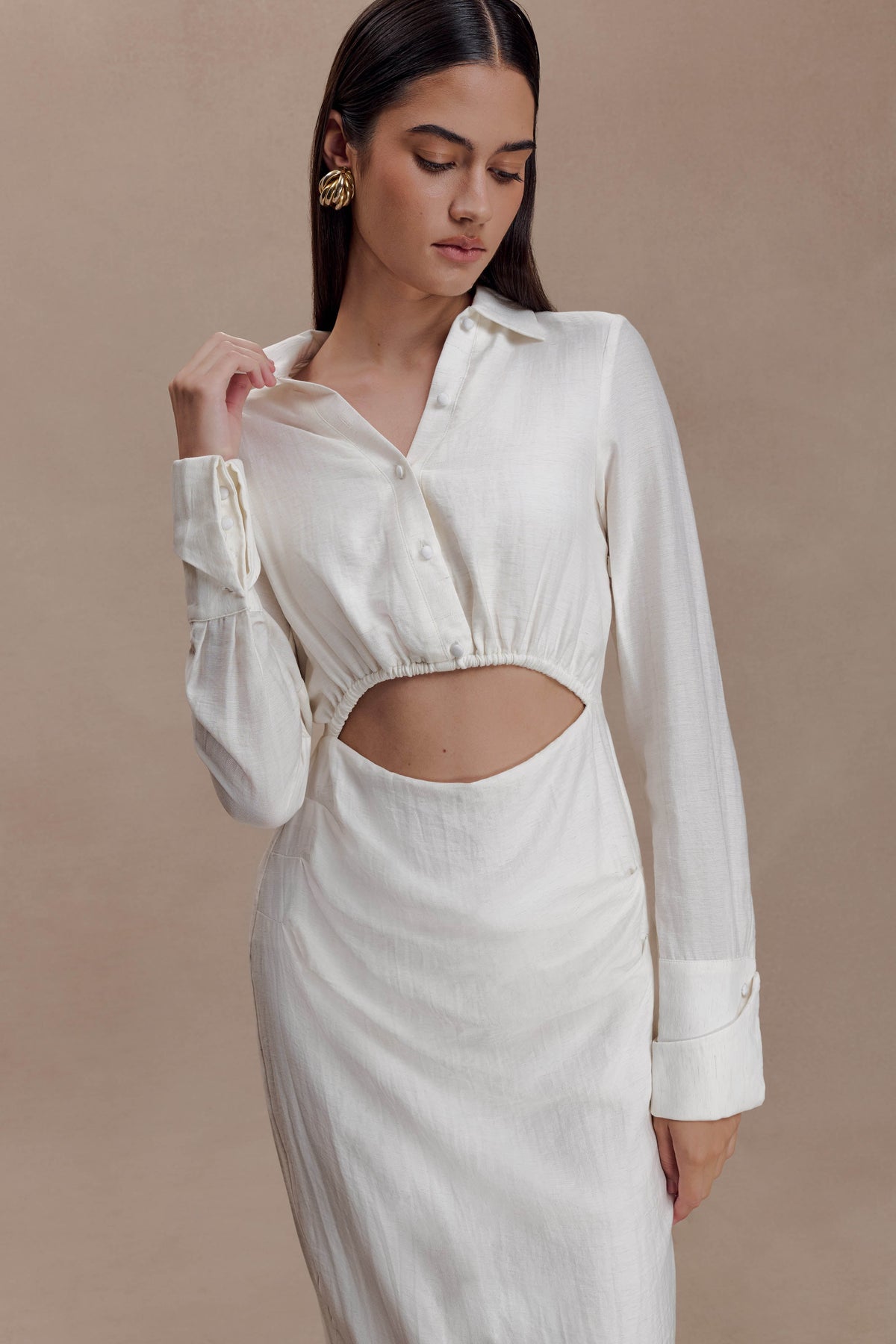 Cut Out Shirt Midi Dress - White