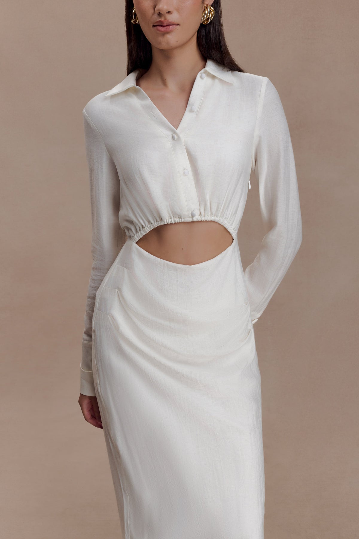 Cut Out Shirt Midi Dress - White