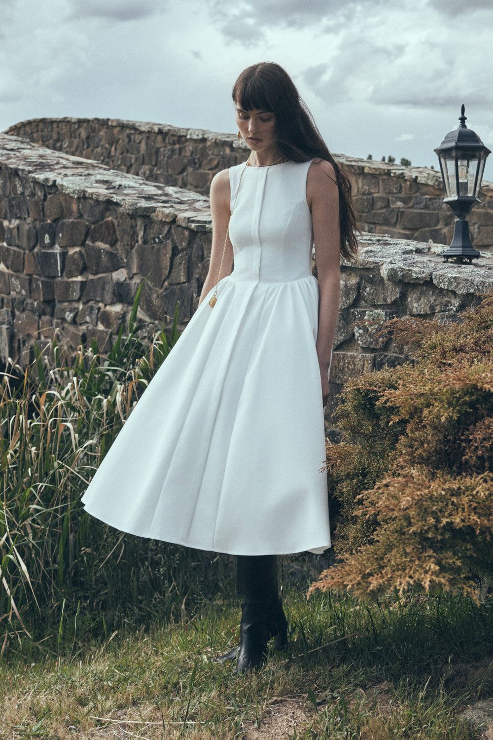 Gathered Waist Cotton Midi Dress - White