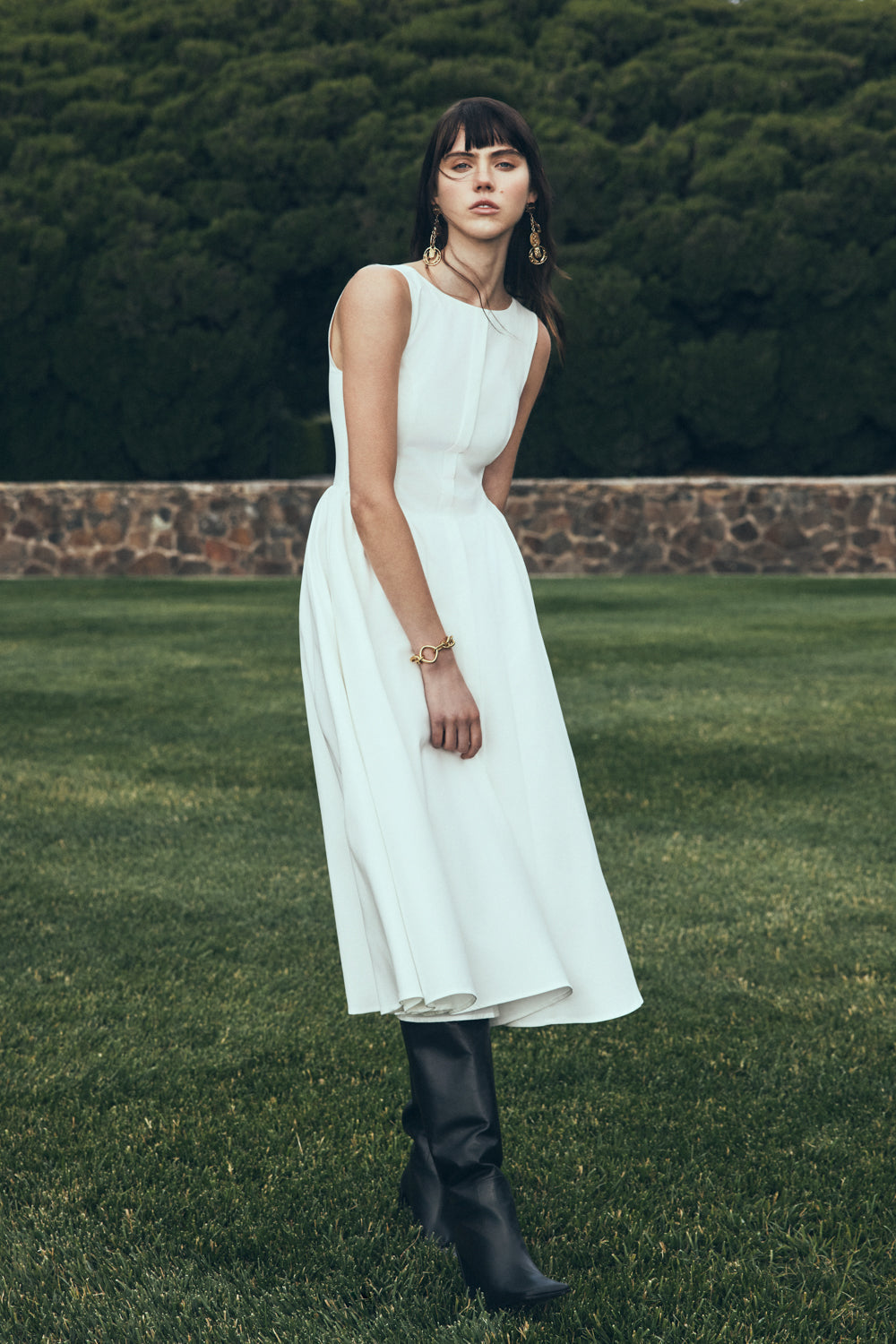 Gathered Waist Cotton Midi Dress - White