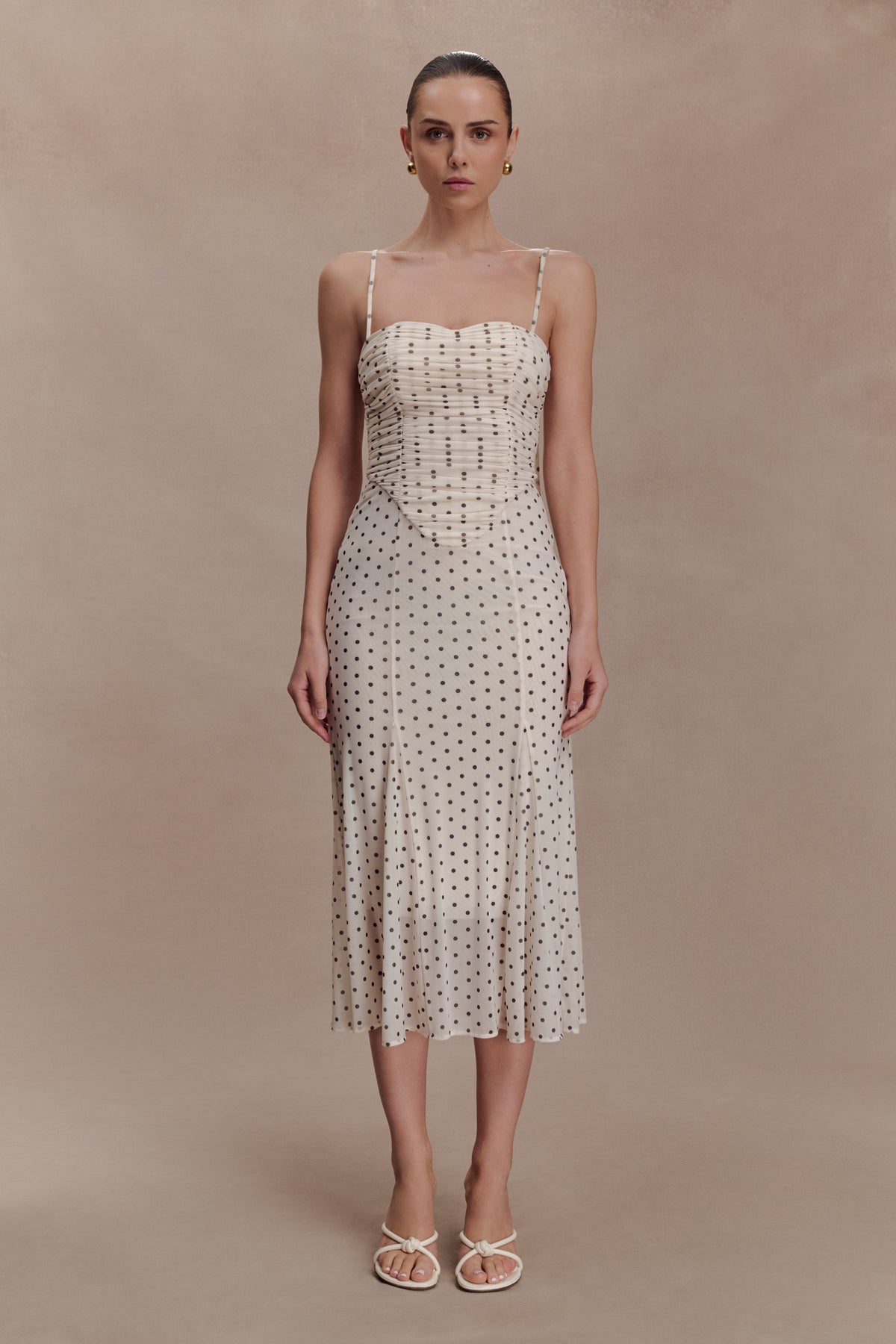 Gathered Mesh Midi Dress - Polka Dot