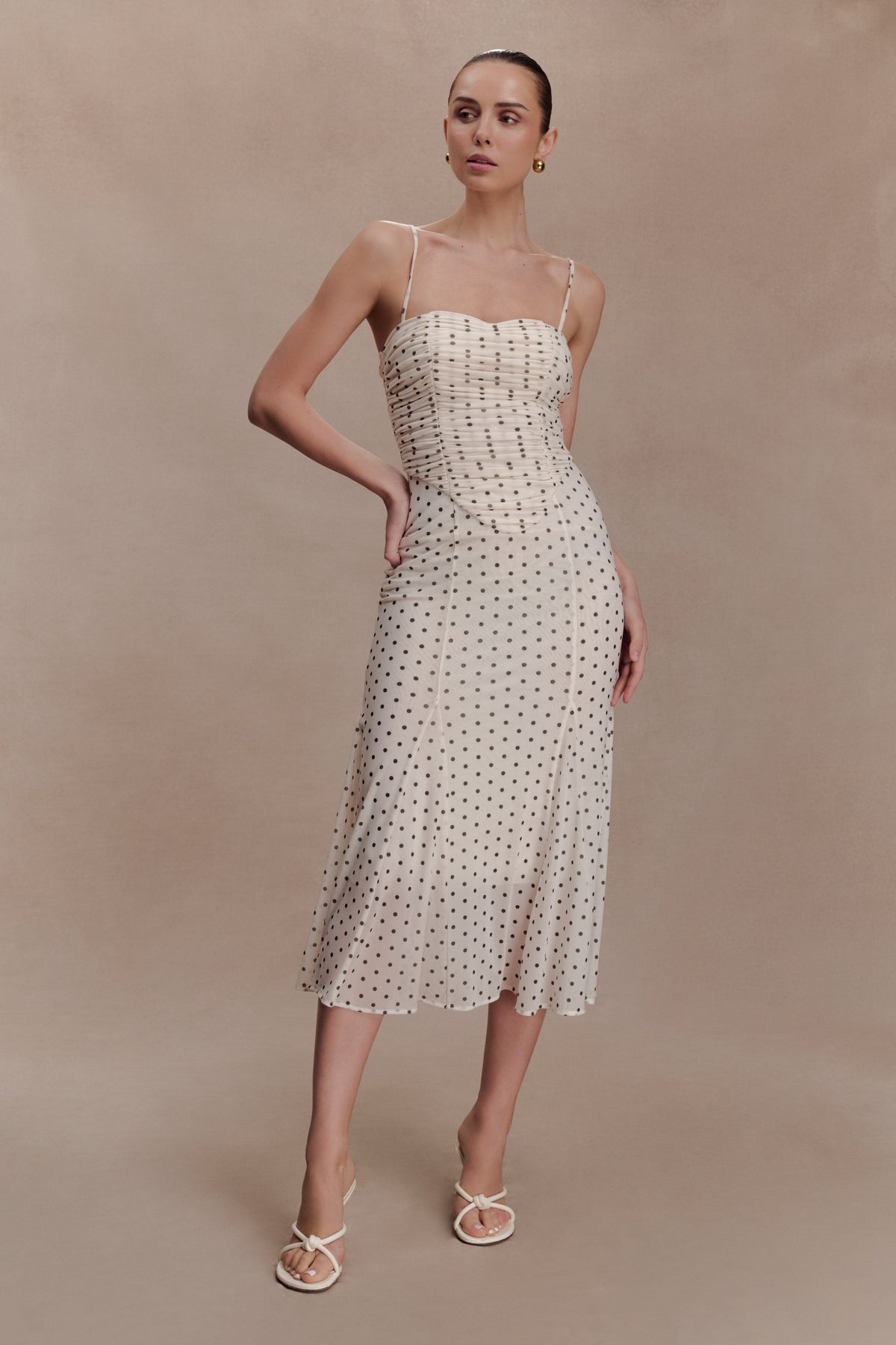 Gathered Mesh Midi Dress - Polka Dot