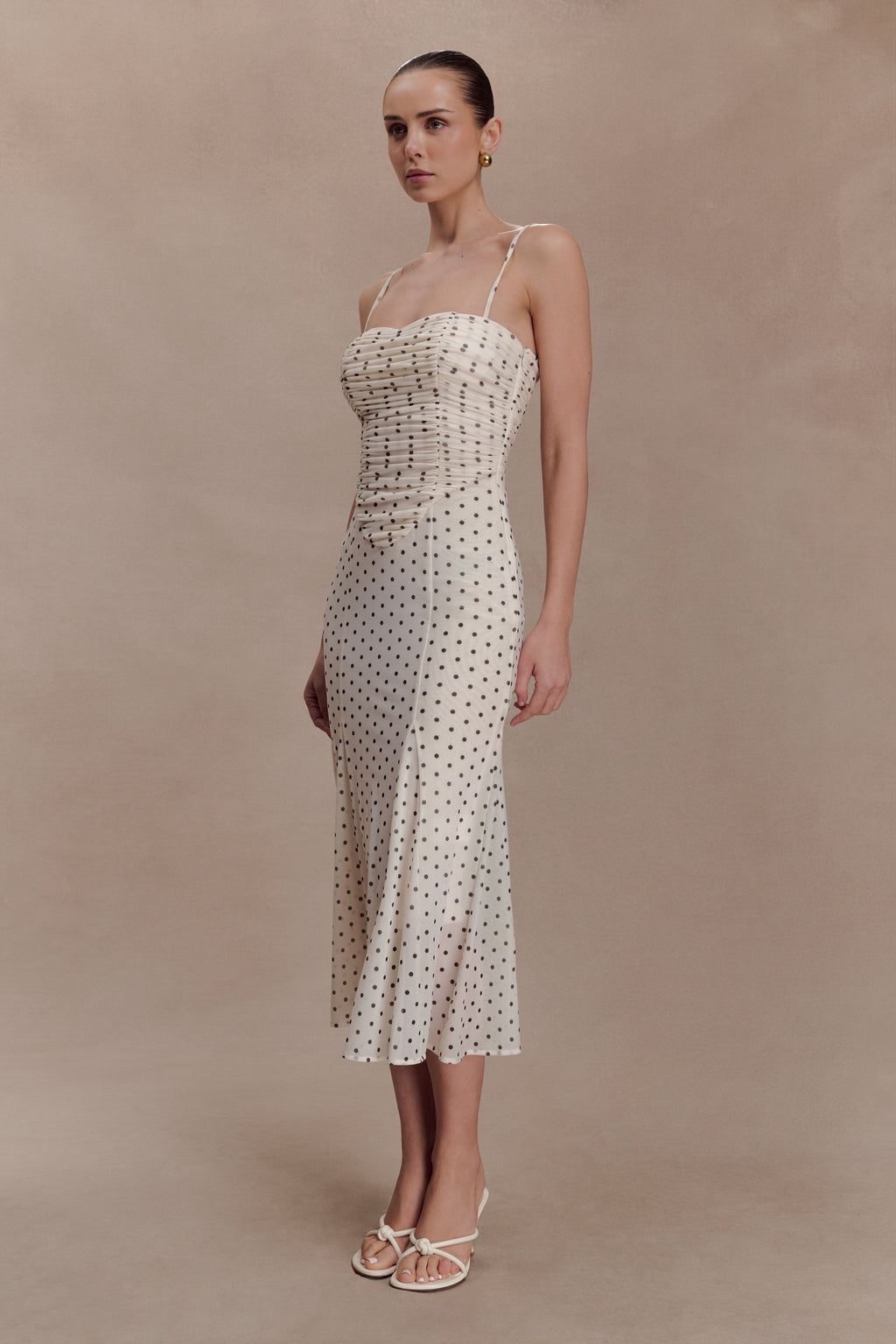 Gathered Mesh Midi Dress - Polka Dot