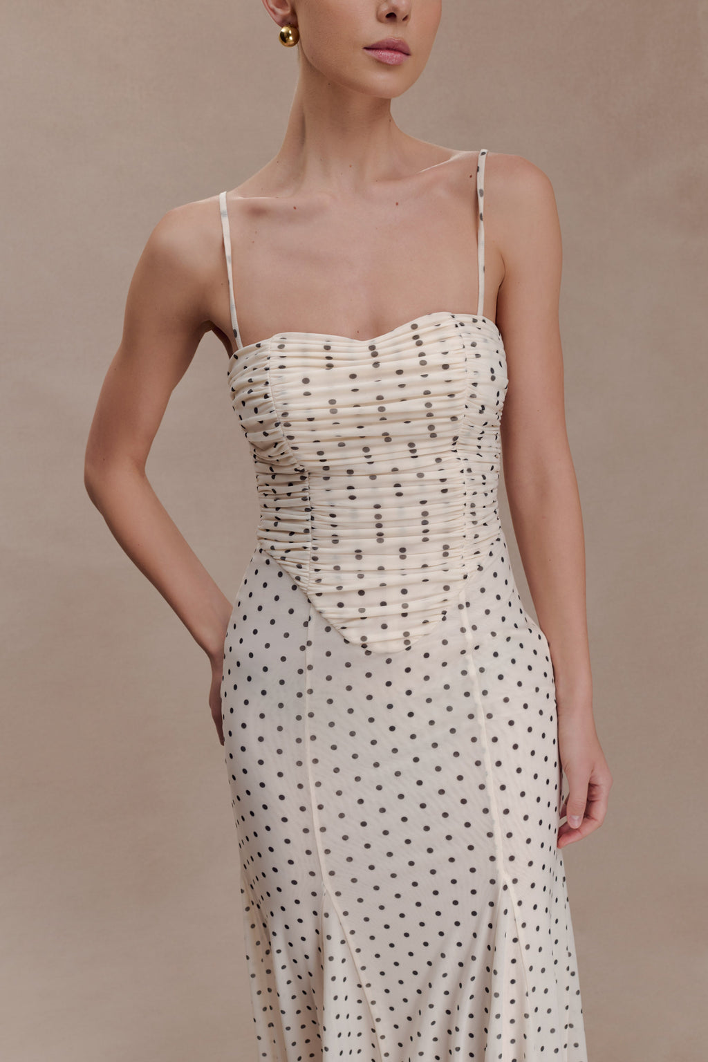 Gathered Mesh Midi Dress - Polka Dot