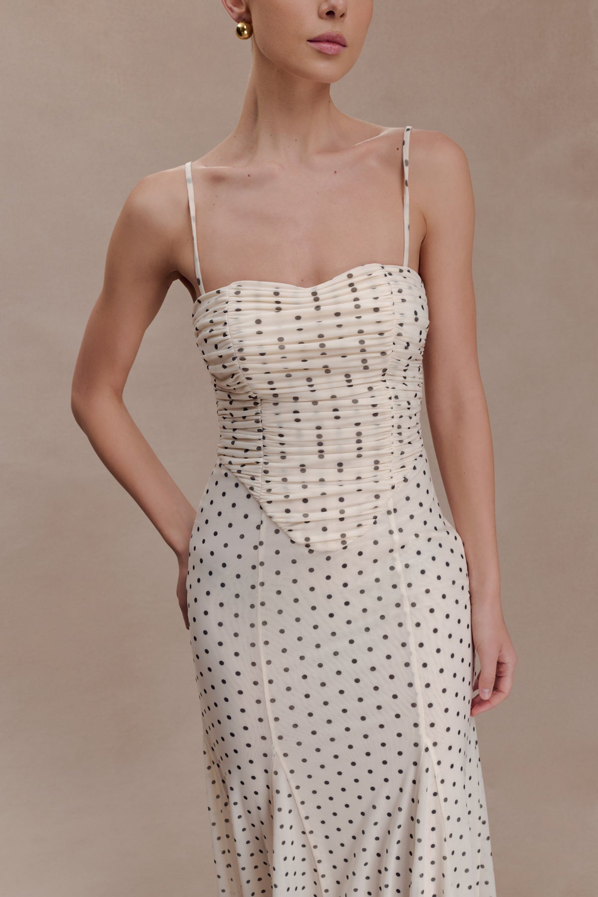 Gathered Mesh Midi Dress - Polka Dot