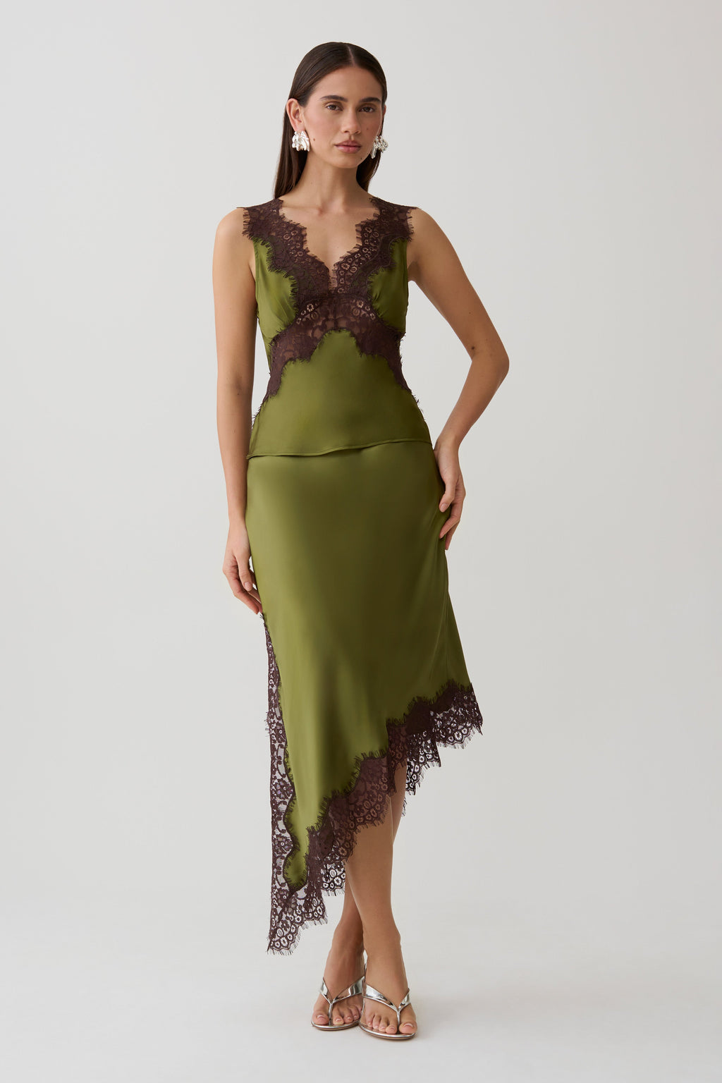 Satin And Lace Midi Skirt - Olive