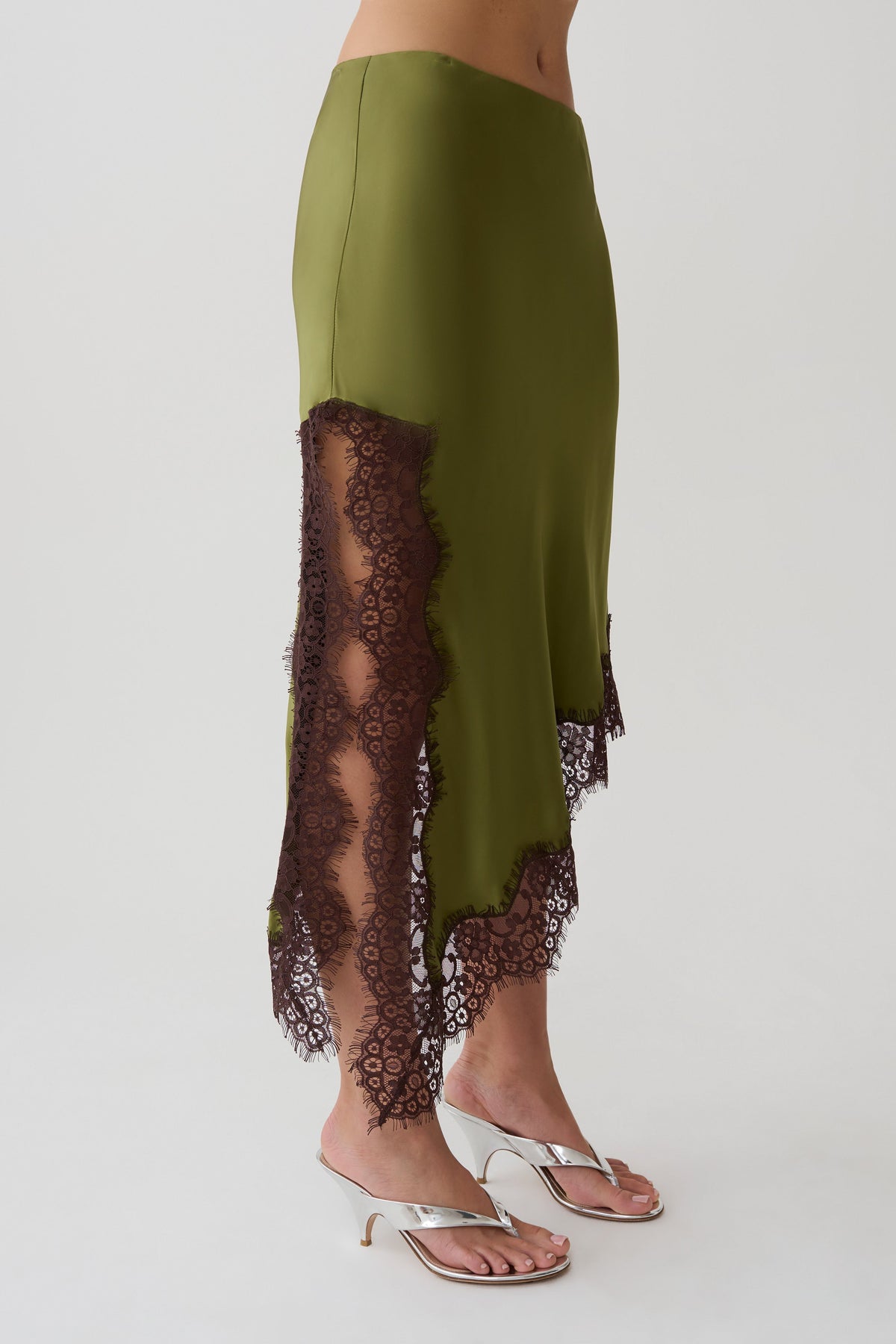 Satin And Lace Midi Skirt - Olive