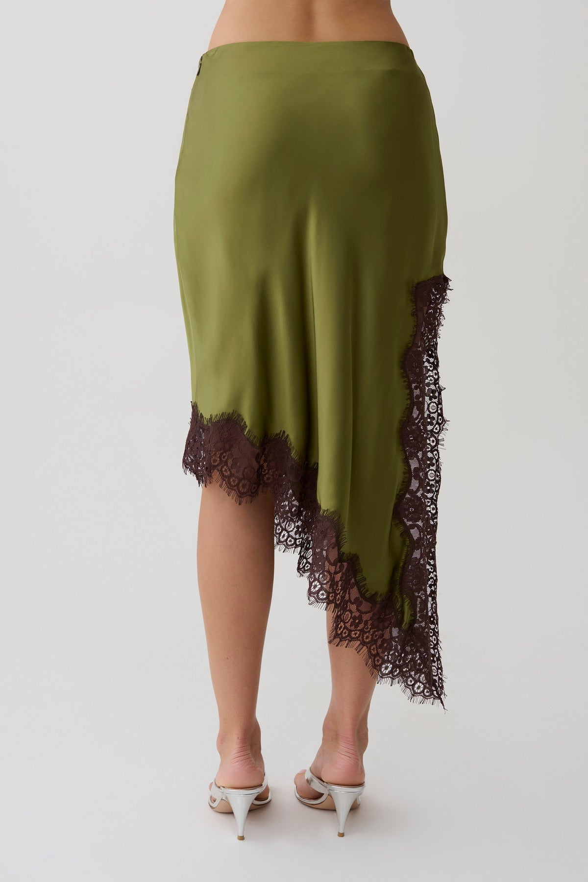 Satin And Lace Midi Skirt - Olive