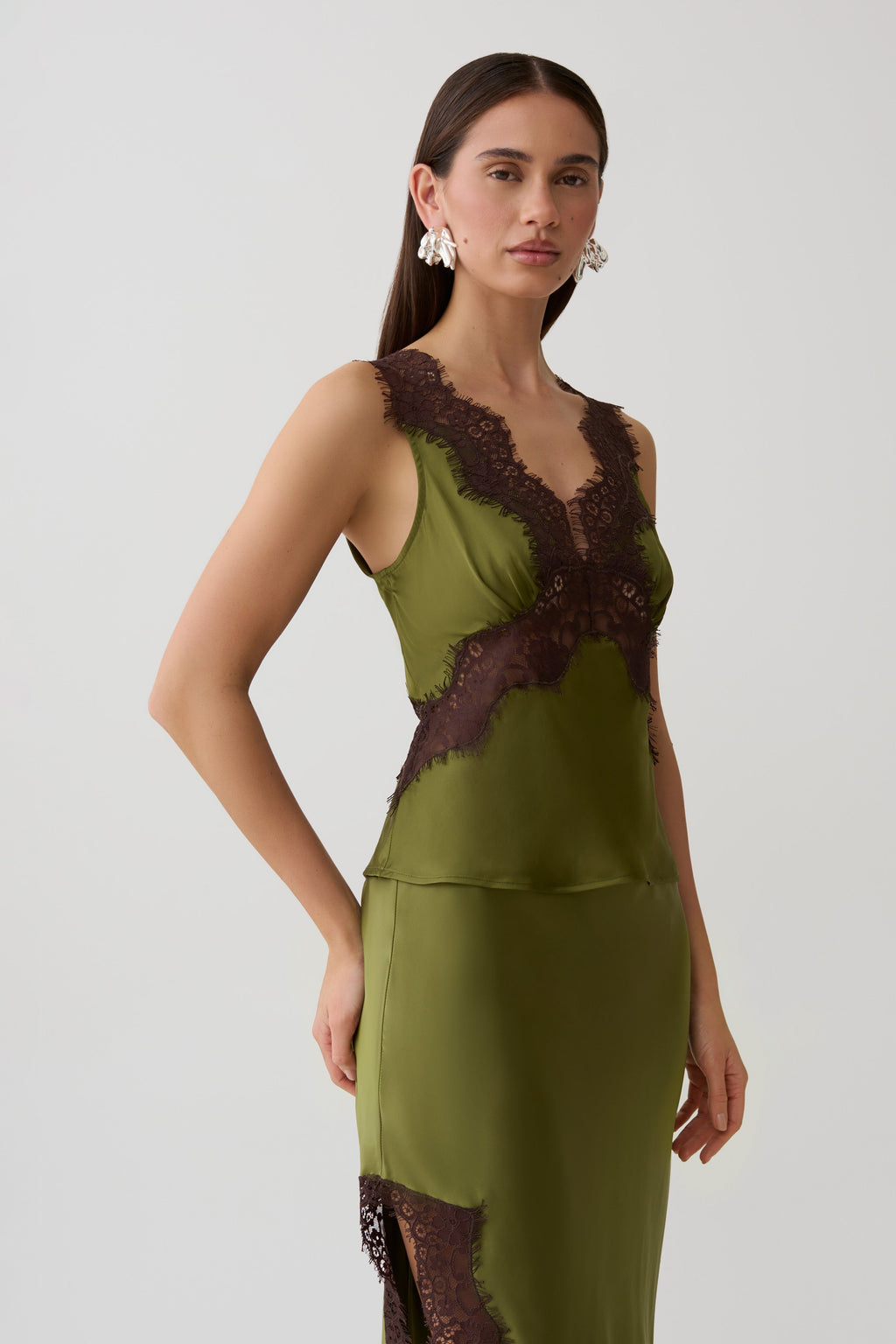 Satin And Lace Camisole - Olive