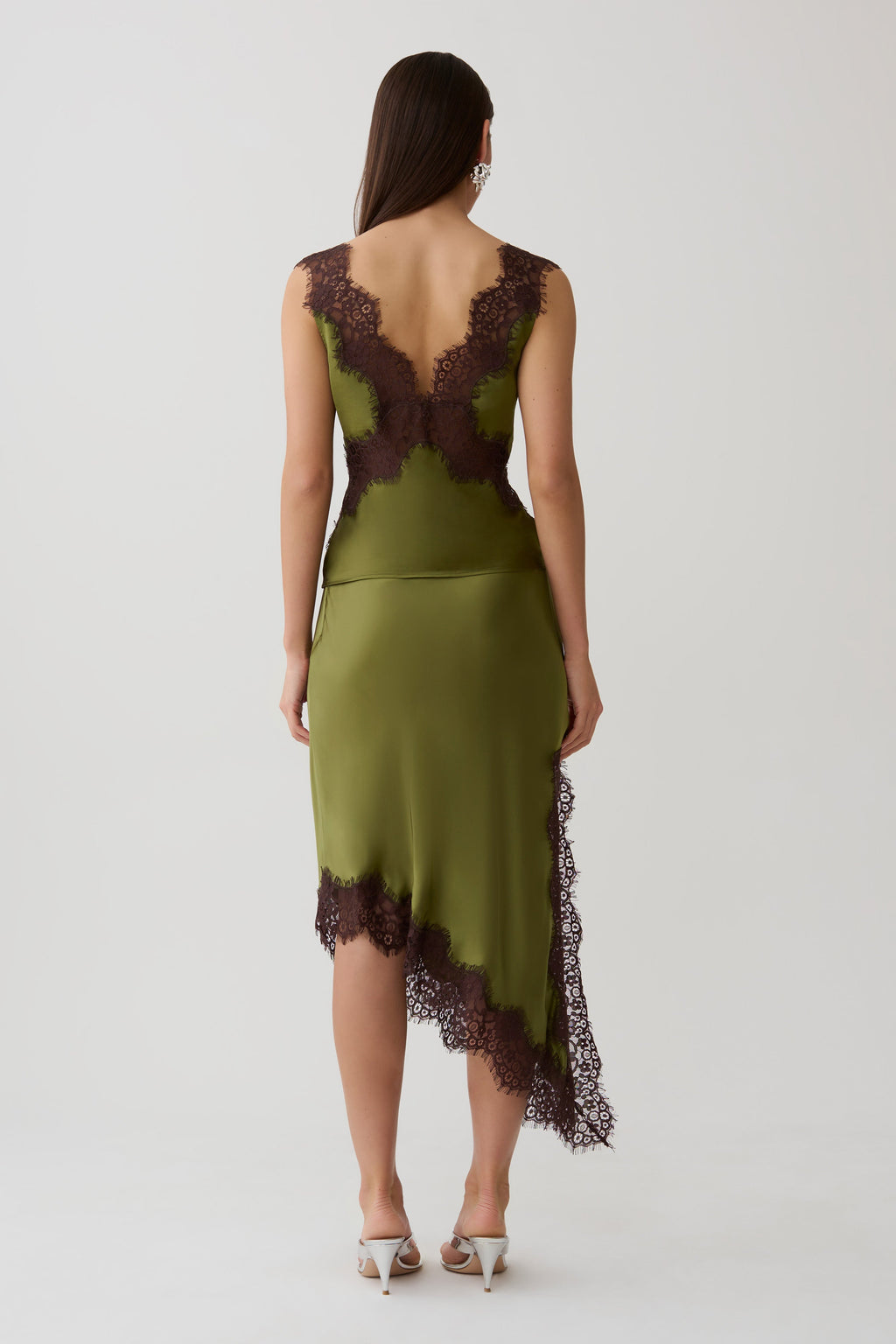 Satin And Lace Midi Skirt - Olive