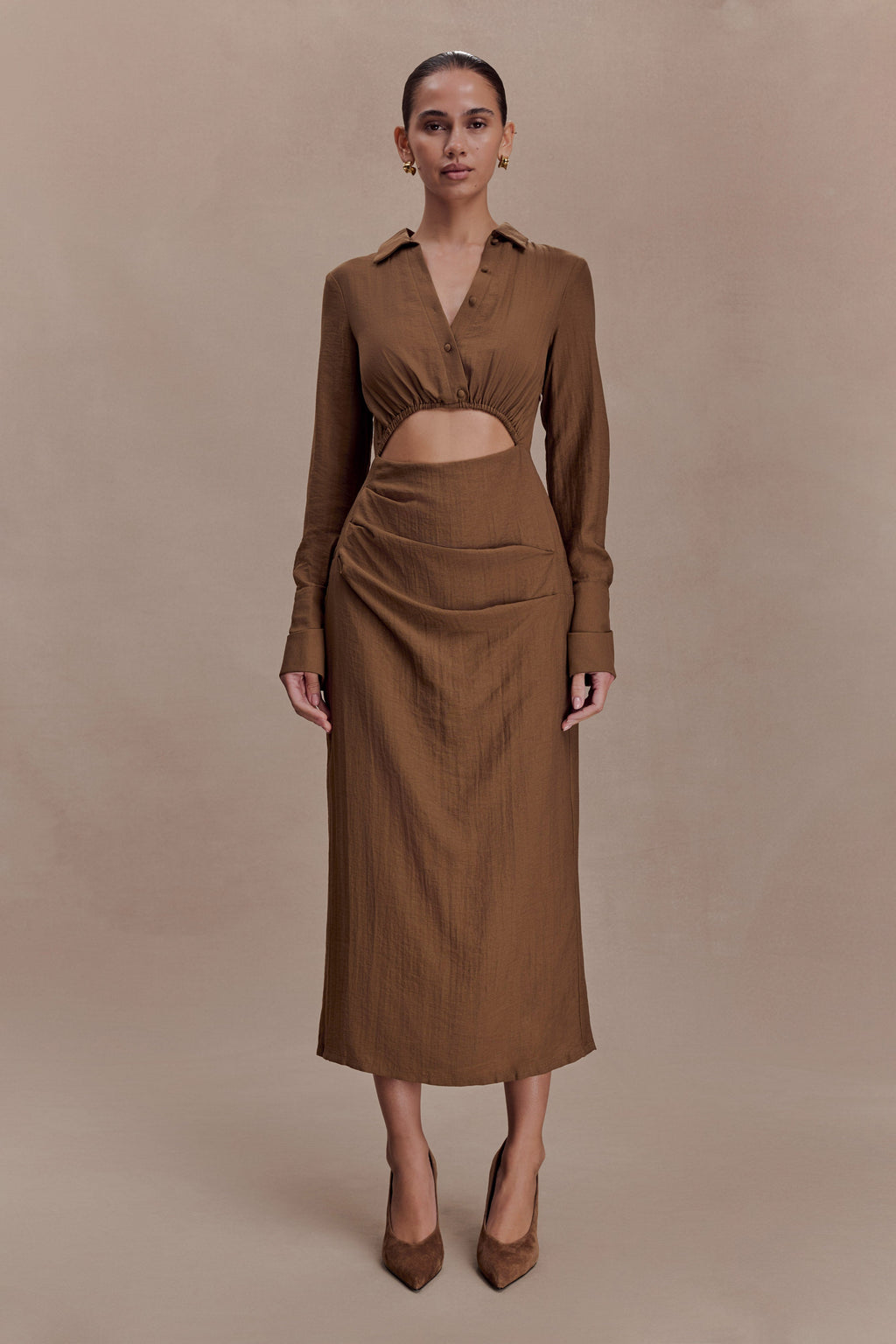Cut Out Shirt Midi Dress - Dark Chocolate