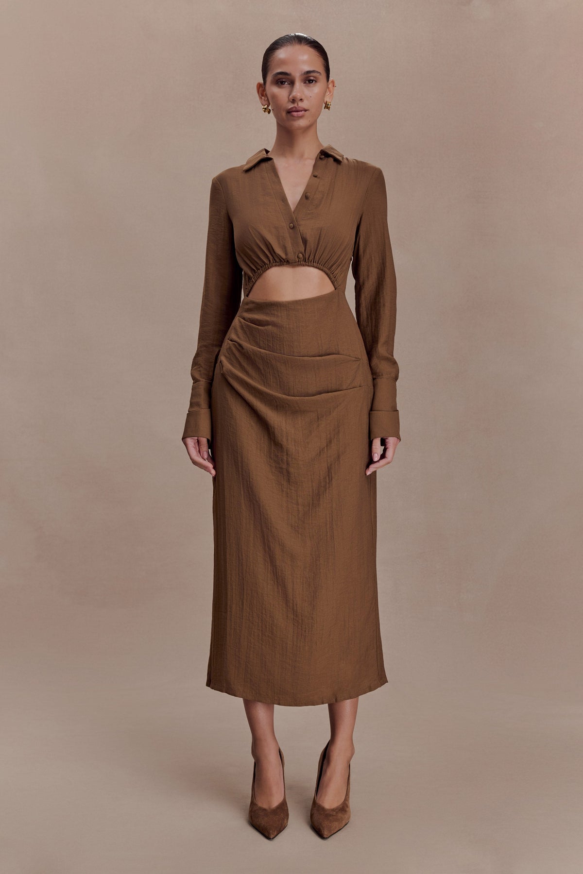 Cut Out Shirt Midi Dress - Dark Chocolate