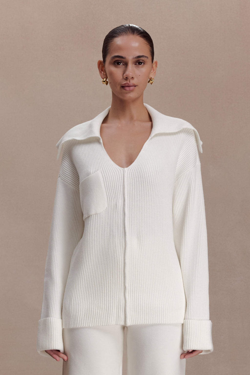 V Neck Knit Jumper - Off White