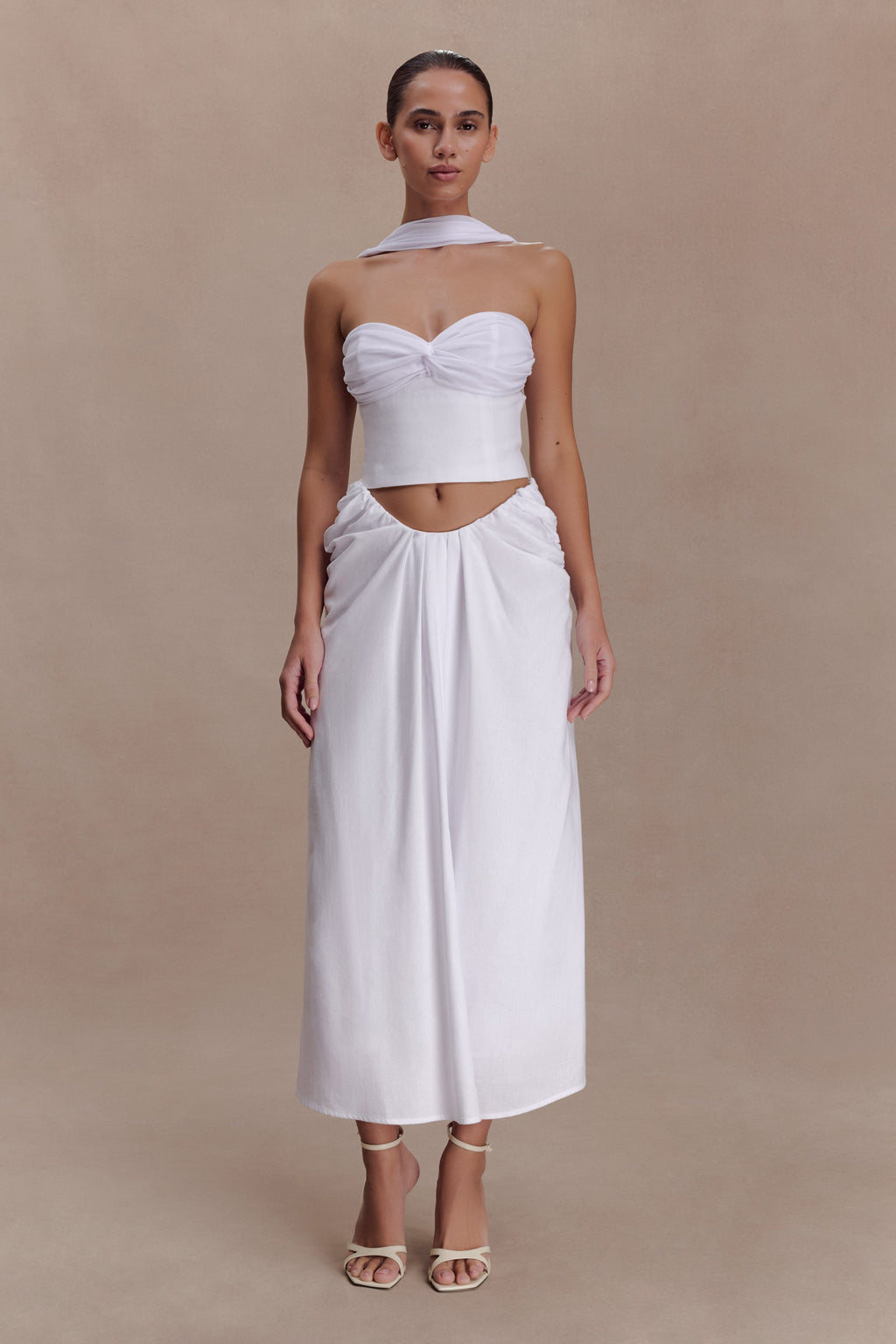 Draped Linen Midi Skirt - White