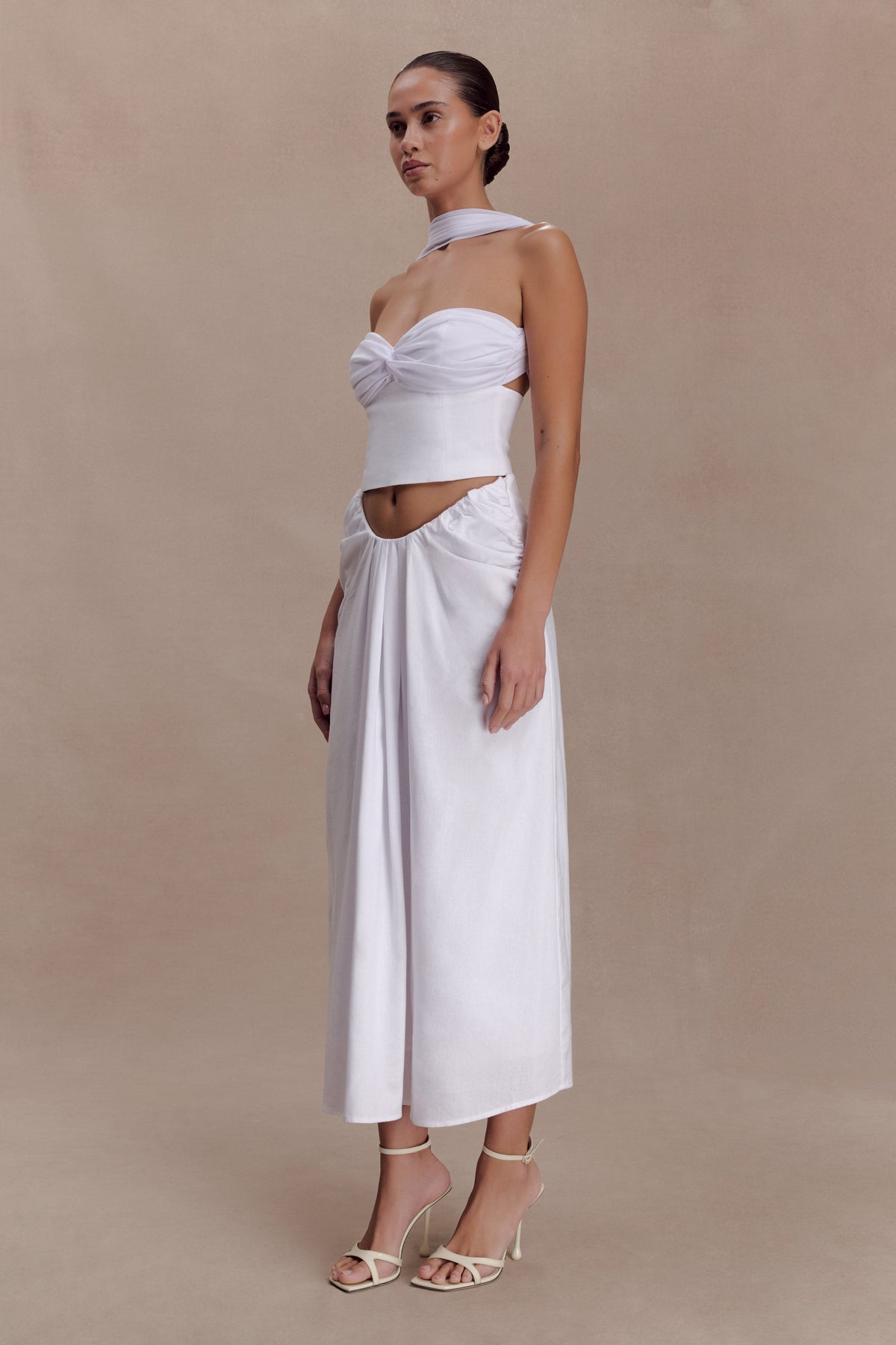 Draped Linen Midi Skirt - White