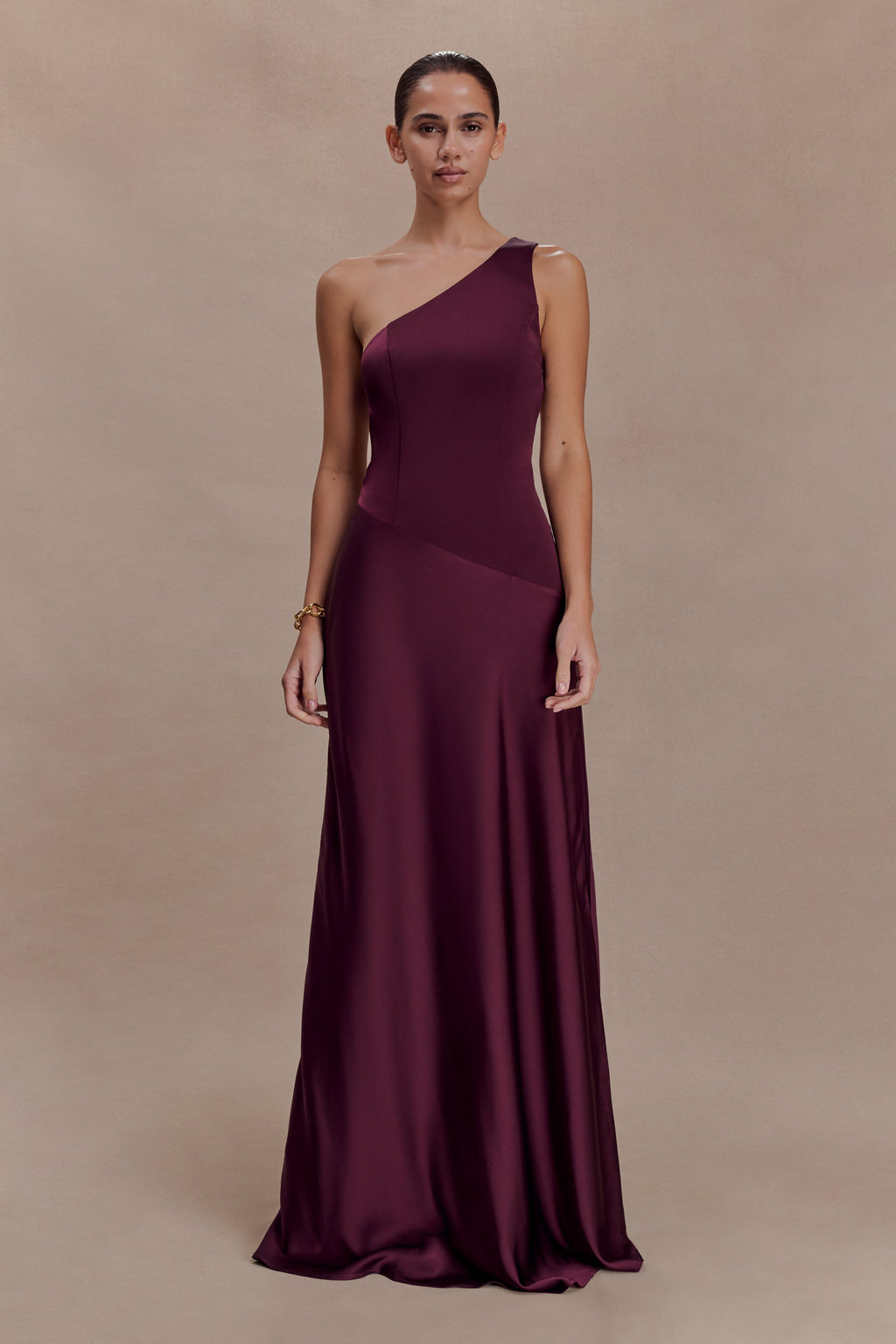 Asymmetrical Satin Maxi Dress - Plum