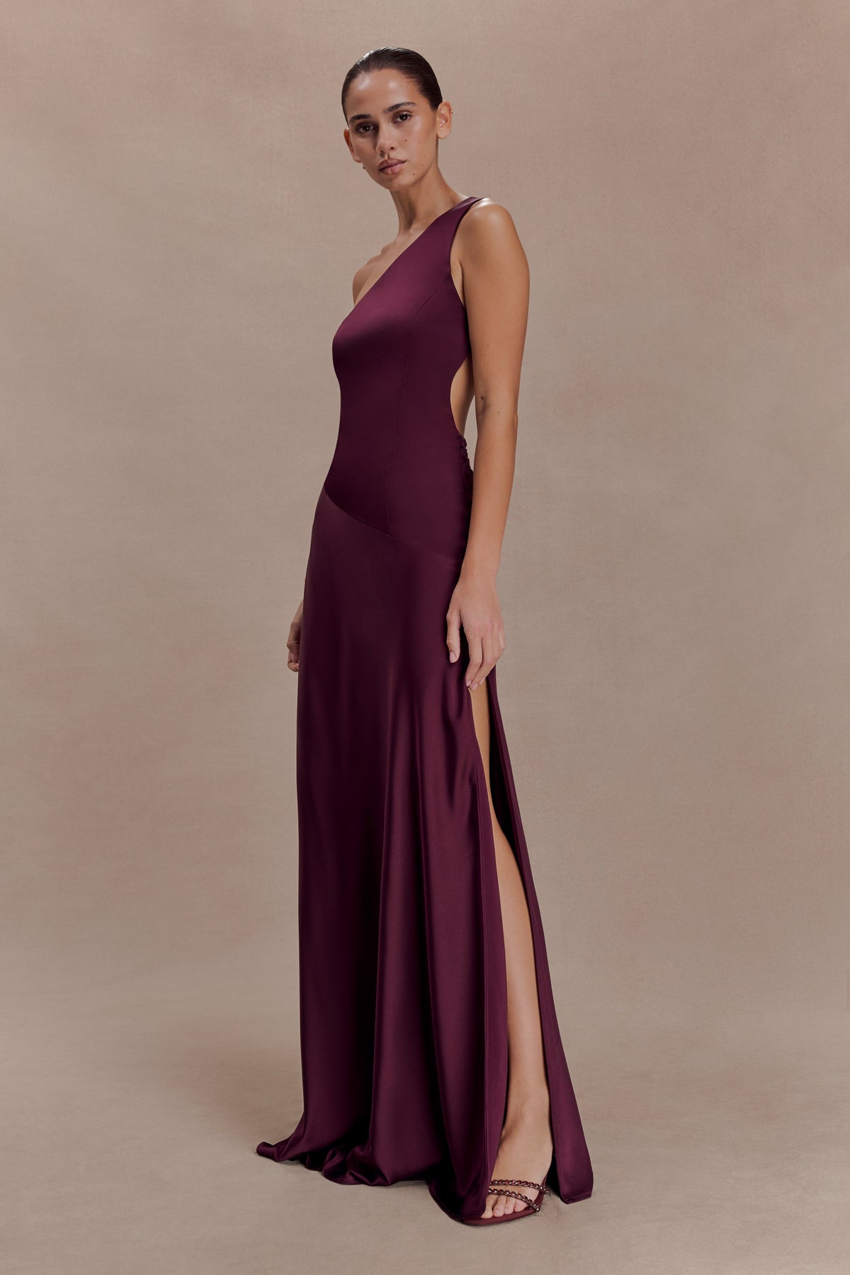 Asymmetrical Satin Maxi Dress - Plum