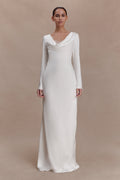 Long Sleeve Cowl Lace And Satin Maxi Dress - Ivory