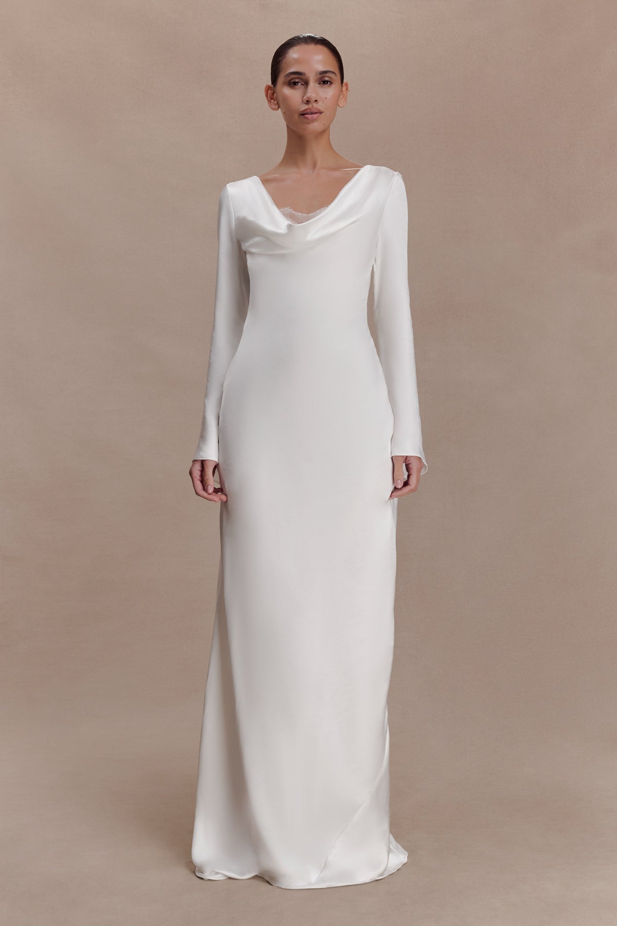 Long Sleeve Cowl Lace And Satin Maxi Dress - Ivory