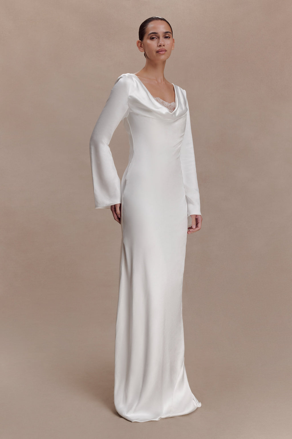 Long Sleeve Cowl Lace And Satin Maxi Dress - Ivory