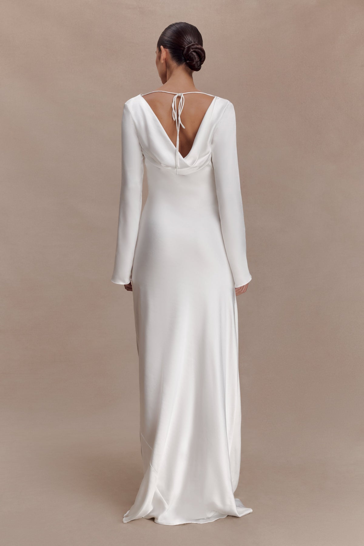 Long Sleeve Cowl Lace And Satin Maxi Dress - Ivory