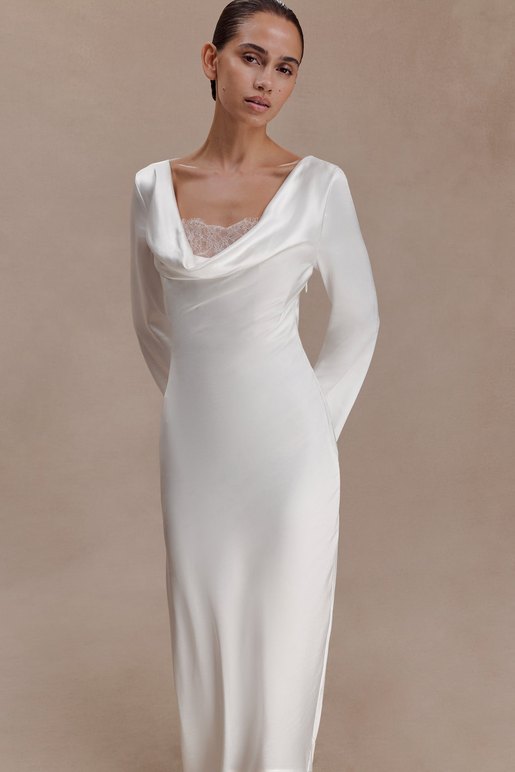 Long Sleeve Cowl Lace And Satin Maxi Dress - Ivory