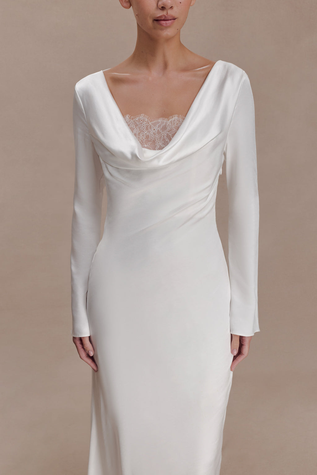Long Sleeve Cowl Lace And Satin Maxi Dress - Ivory