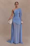 Slinky One Shoulder Maxi Dress - Cornflower Blue