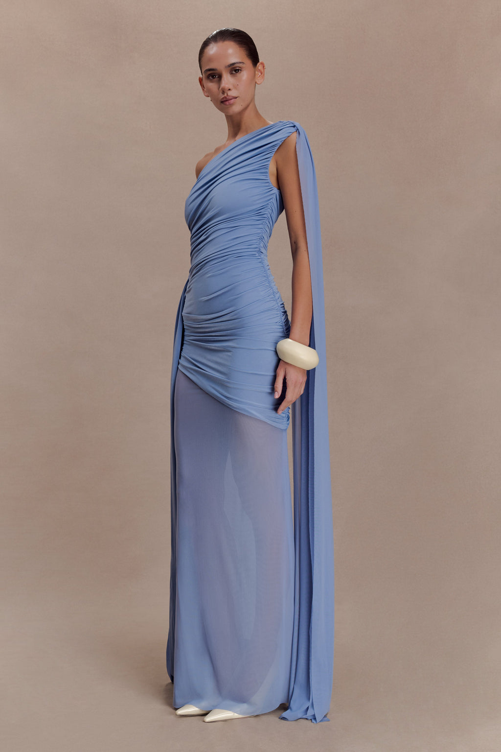 Slinky One Shoulder Maxi Dress - Cornflower Blue