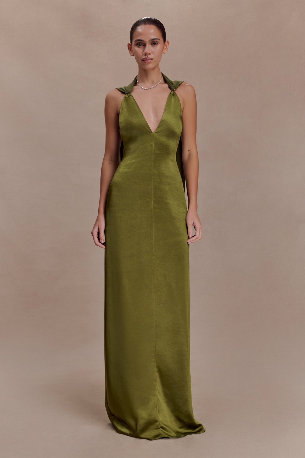 Draped Shoulders Satin Maxi Dress - Khaki