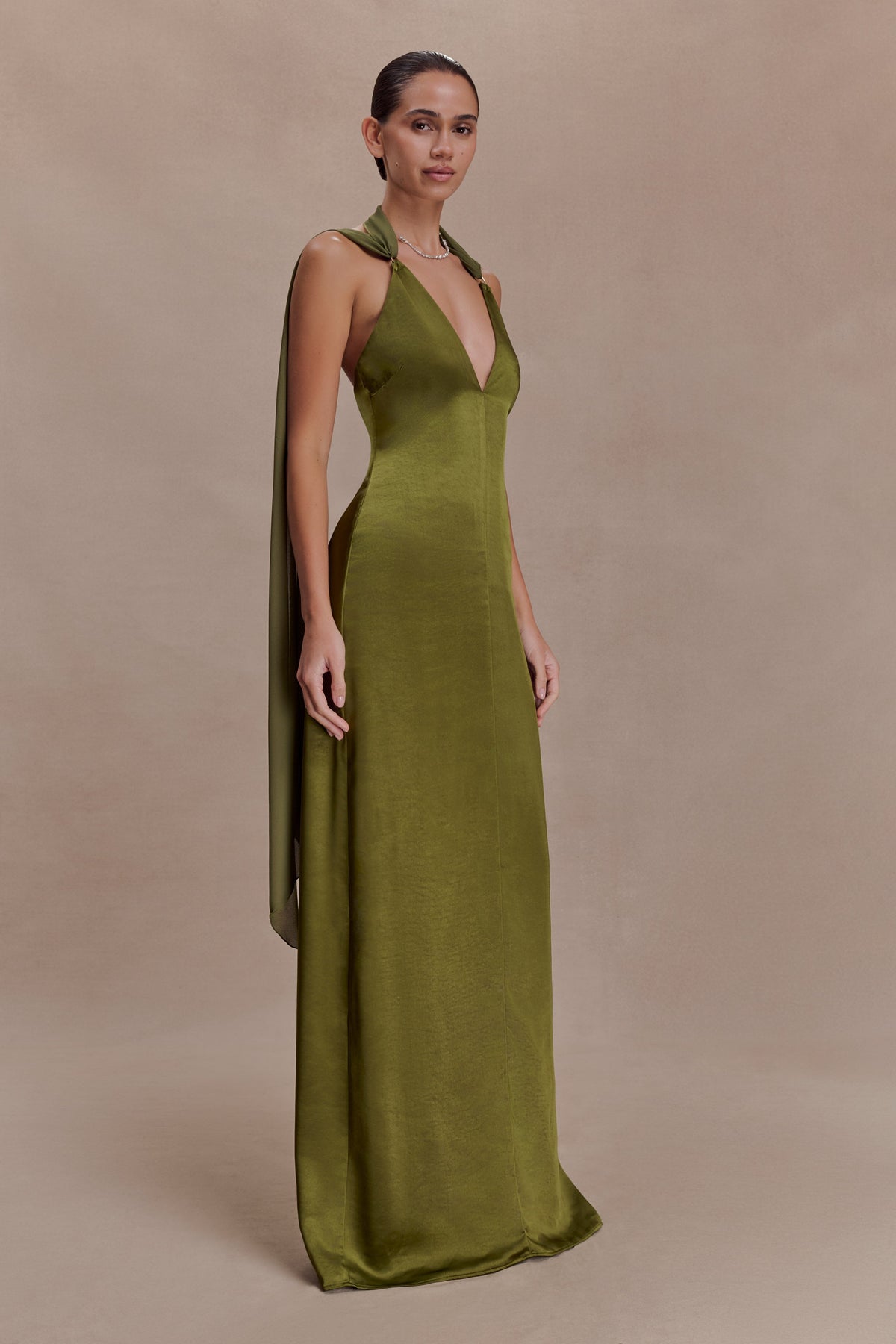 Draped Shoulders Satin Maxi Dress - Khaki