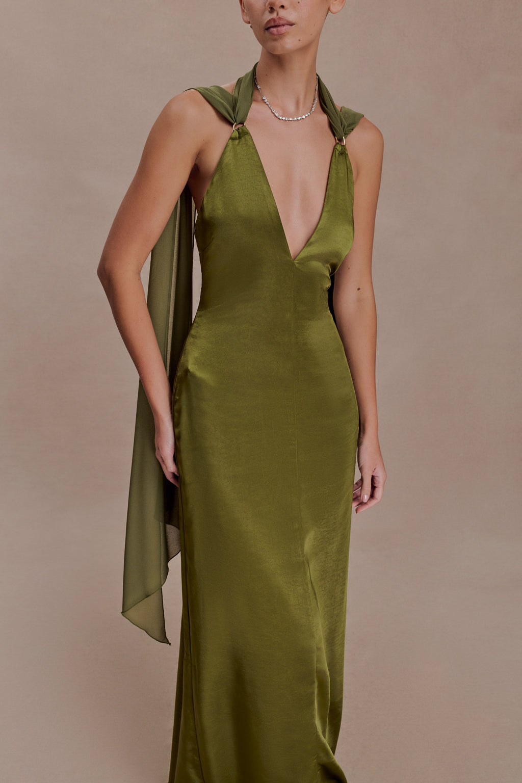 Draped Shoulders Satin Maxi Dress - Khaki
