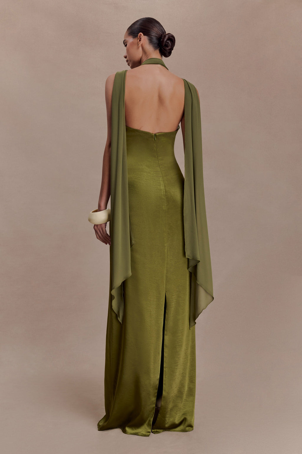 Draped Shoulders Satin Maxi Dress - Khaki