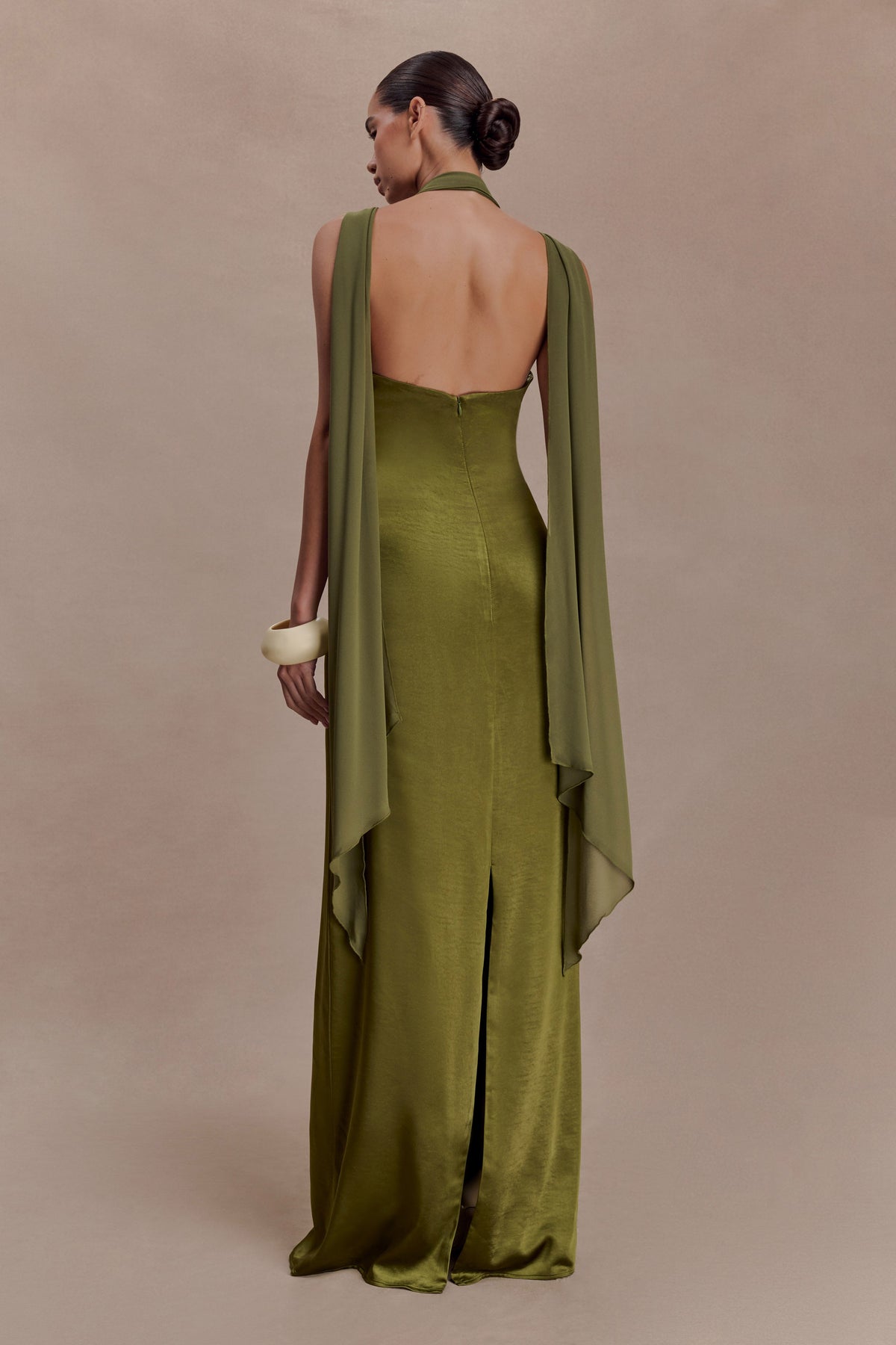 Draped Shoulders Satin Maxi Dress - Khaki